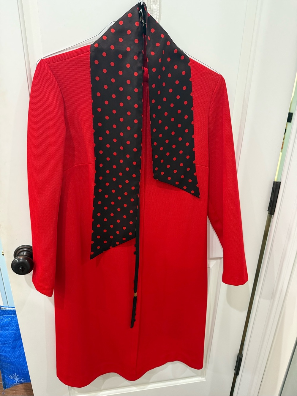 Women’s Red Long Coat with Black Polka Dot Scarf and Black Belt